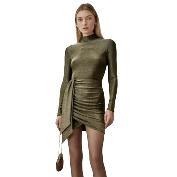 REFORMATION Paprika Gold Sparkle Long Sleeve Stretchy Knotted Dress - Picture 4 of 9